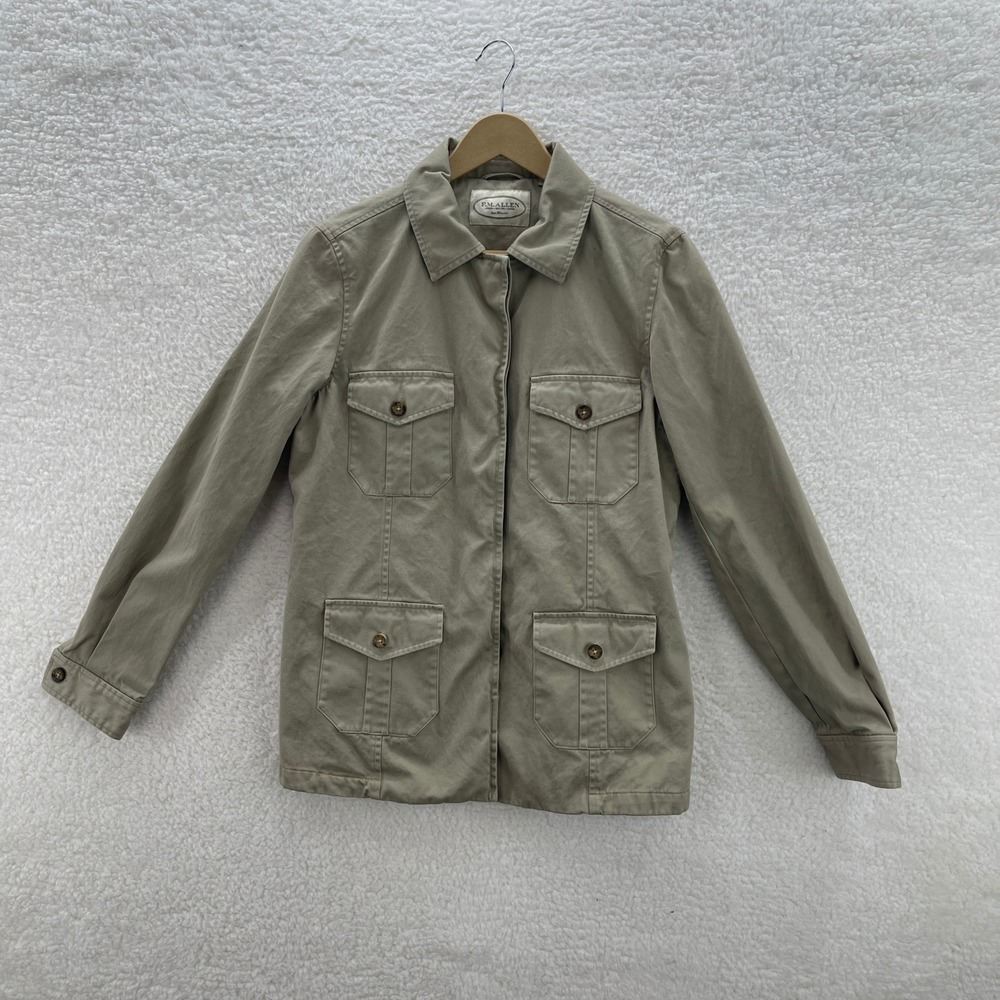 FM Allen Jacket Womens Medium Beige Khaki Safari Coat Buckleback Outdoor Hiking